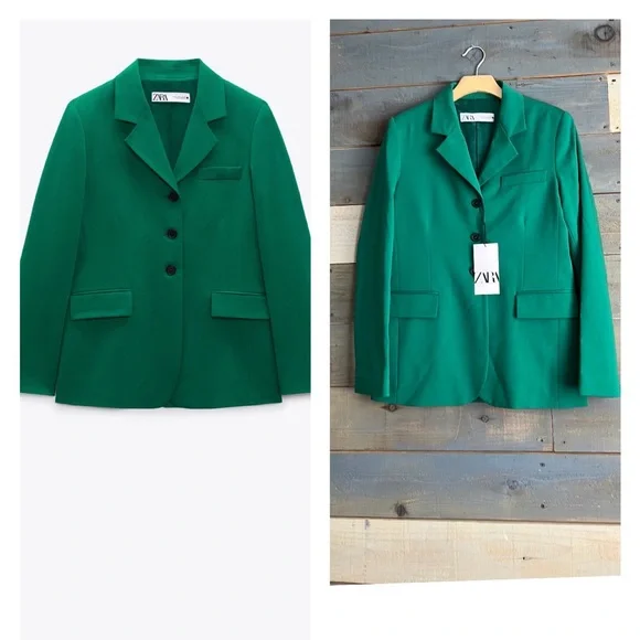 Zara Wool Blend Straight Cut Green Blazer 3 Button - Picture 1 of 15